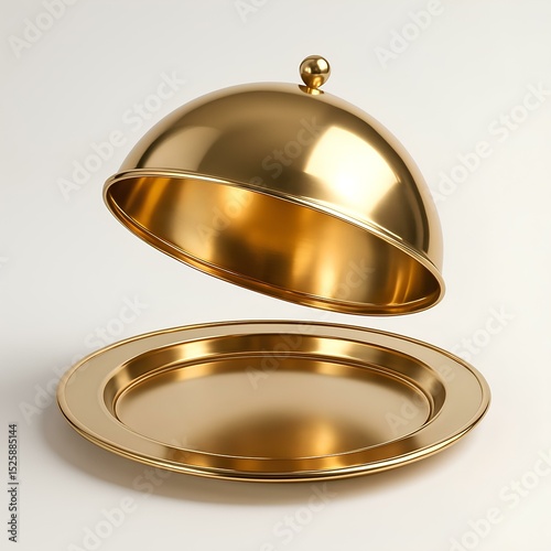 Elegant ajar gold cloche with a tray for serving hot dishes on an insulated white background. A symbol of luxury, haute cuisine and exclusive restaurant service.