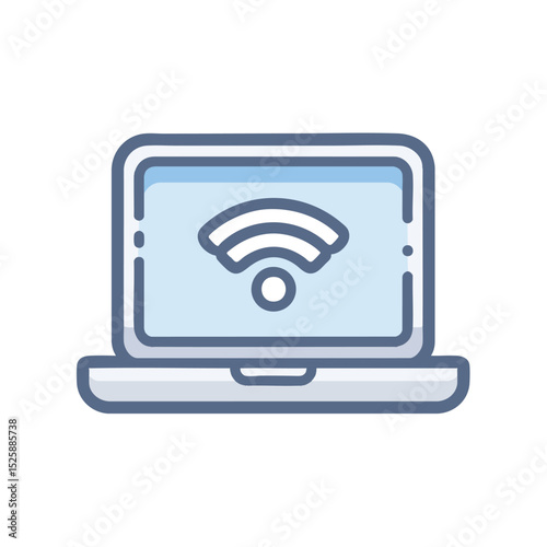 A laptop screen shows a blue WiFi icon