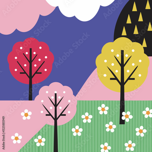 spring landscape with flowers and trees