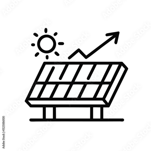 Blackoutlined solar panel with upward trend line and sun symbol