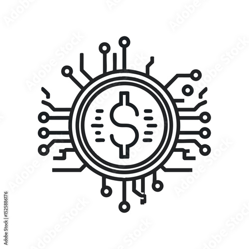 Digital dollar coin with circuitry dollar sign in center connected nodes