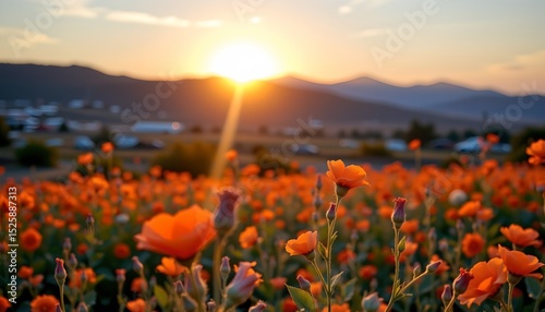 a tranquil rural scene at sunset, featuring a vibrant orange flower field extending towards the horizon under a radiant sky
