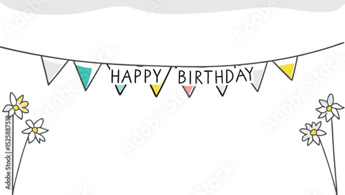 Happy birthday banner with colorful flags strung above daisies against a white background and gray cloud top