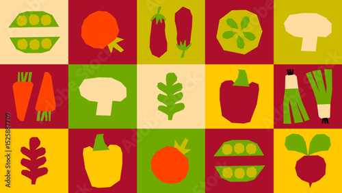 Seamless vector pattern with vegetables- Whimsical vegetable illustrations in a vibrant collage grid. Retro Italian market feel, perfect for eco packaging, cooking blogs, or artisanal product branding