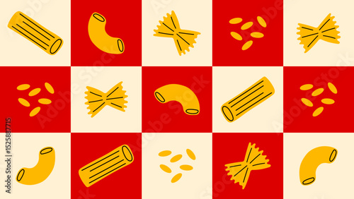 Seamless vector pattern with hand-drawn pasta doodles – penne, farfalle, macaroni, orzo. Bold red and cream checkerboard. Fun retro food design for kitchen, textiles, or restaurant branding.
