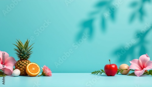 a vibrant fruit bowl set against a sunny backdrop with palm fronds. the fruits in the bowl include pineapples, apples, and oranges. the setting is outdoors on what appears to be a sunny day