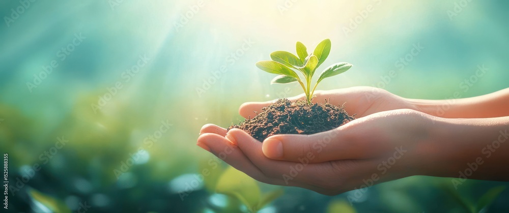Fototapeta premium Close-up of hands gently holding a small seedling with soil under sunlight in a natural green blurred background