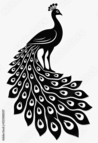 A graceful black silhouette of a peacock with a long, ornate tail, an elegant vector graphic perfect for decorative art, wedding invitations, or luxury branding.
