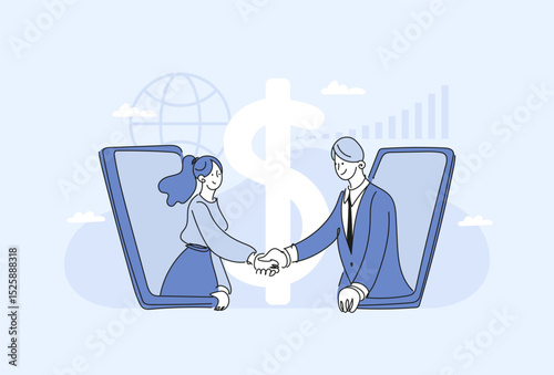 Concept of financial negotiations, global online business, job interview and career growth. Man and woman on phone screens shaking hands, flat vector illustration.