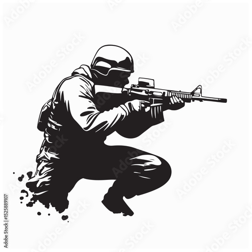 Shooting Soldier Black White Drawing Stock Vector on white background.