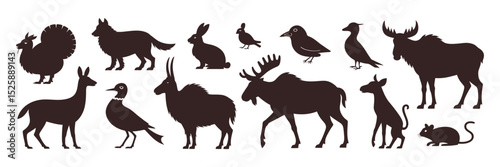 Wild animals of tundra and taiga fauna vector set with arctic hairy animals and bird silhouettes

