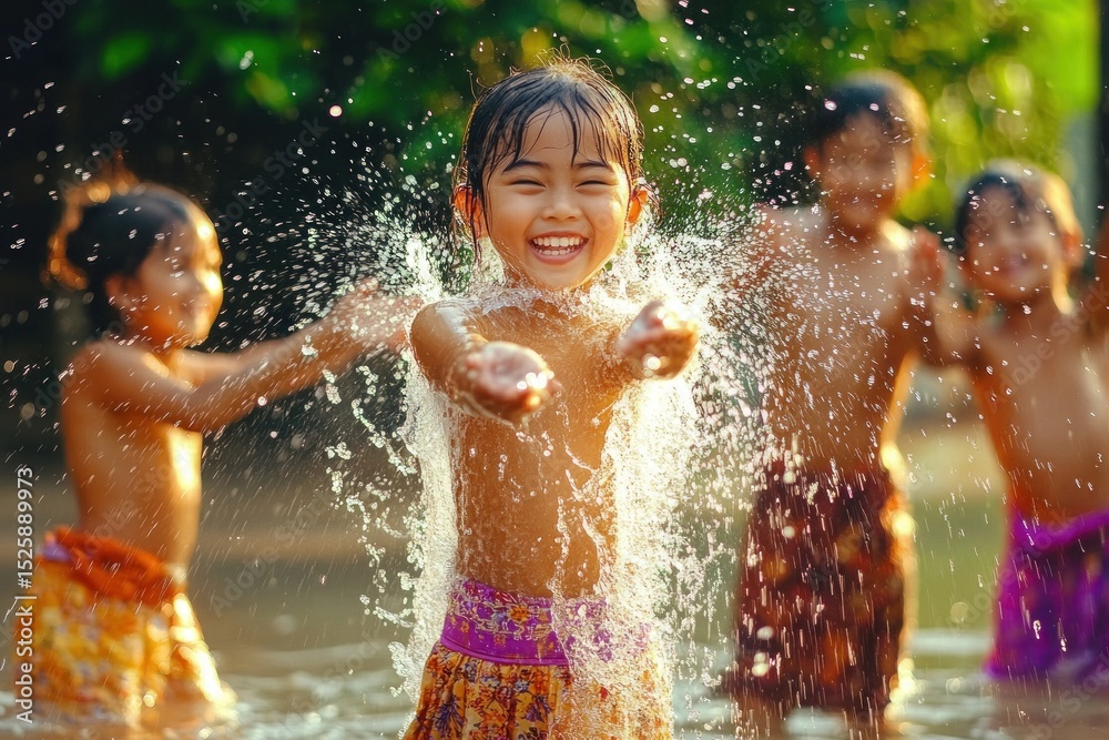 Obraz premium joyful children playing and splashing water in a sunny outdoor natural setting with vibrant greenery in the background