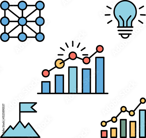 Revenue and growth icons. Bar chart analytics, uptrend success, report metrics, strategic business performance  