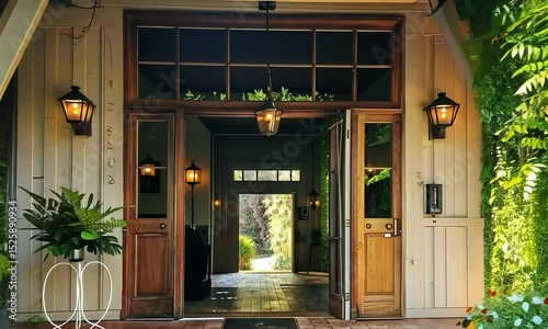 Lush Vines Draping Gracefully Over a Boutique Hotel Entrance