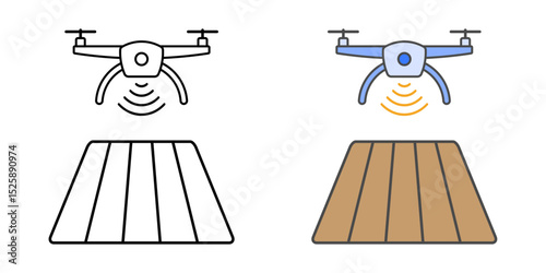 Drone flying over field icon representing AI in agriculture, shown in both outline and color styles.