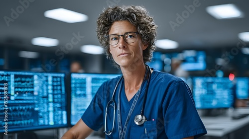 Woman in scrubs stands in front of many computer screens in a room.