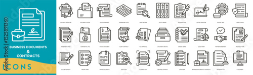 Business Documents & Contracts icon set. Contract Signature, Document Folder, Legal Agreement, Paperwork Stack, Draft Review, Policy Binder, Business Form and Digital Signature