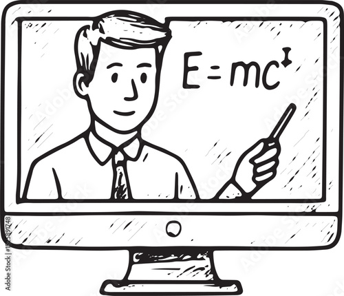 A hand-drawn sketch of a teacher on a monitor pointing to an "E=mc²" equation, symbolizing online education, science, and virtual learning, perfect for e-learning, technology, and academic design them