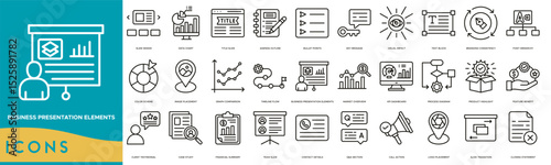 Business Presentation Elements icon set. Slide Design, Data Chart, Title Slide, Agenda Outline, Bullet Points, Key Message, Visual Impact and Text Block