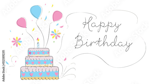 A delightful birthday scene featuring a three tiered cake balloons confetti and the words happy birthday