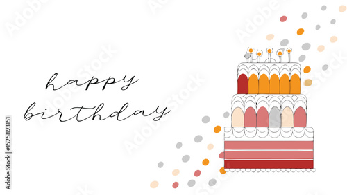 Happy birthday greeting card featuring a three tiered cake with candles and confetti on a white background