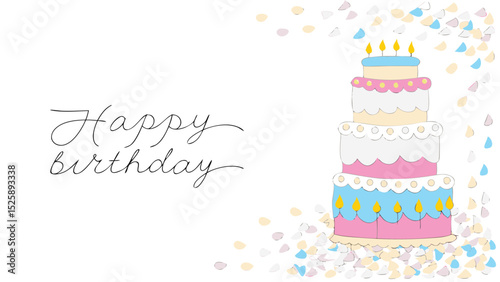 A delightful birthday scene featuring a multi tiered cake with candles and the words happy birthday script