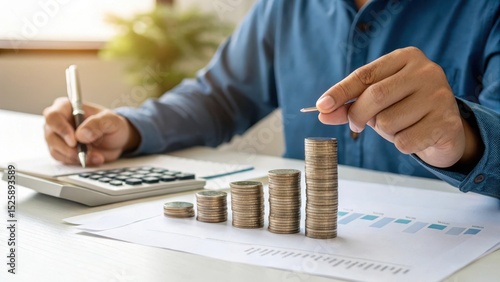 Man stacking coins while calculating financial growth on graph