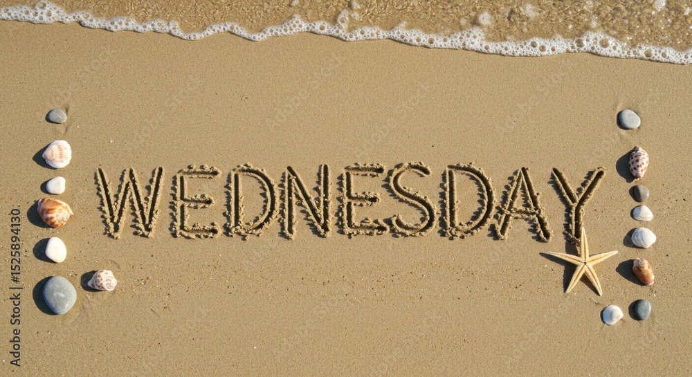 Fototapeta premium Wednesday Beach Day: Seashells, Starfish, and Sandcastles Written in the Sand