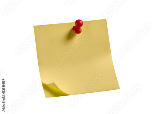 Yellow sticky post it note with red pushpin isolated on transparent background. Generated with AI

