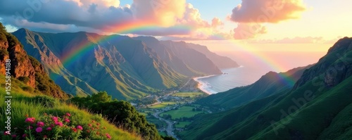 Vibrant rainbow arches over lush West Maui mountains, mountains, image