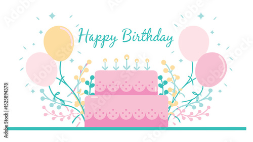 Illustration of a two tiered pink birthday cake with flowers and balloons and the words happy birthday above it
