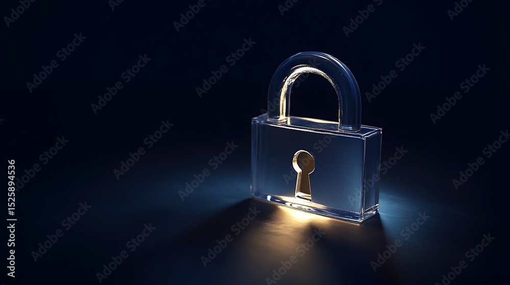 Fototapeta premium Transparent padlock, digital security concept, glowing background