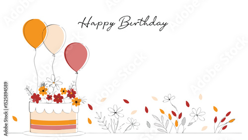 Happy birthday card with cake balloons and floral decorations on a white background illustration art