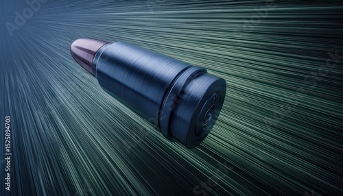 A metallic bullet moving at high speed through a dark, streaked background