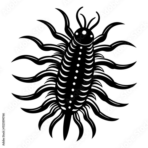 Illustration of a black centipede with many legs and a segmented body design on transparent background