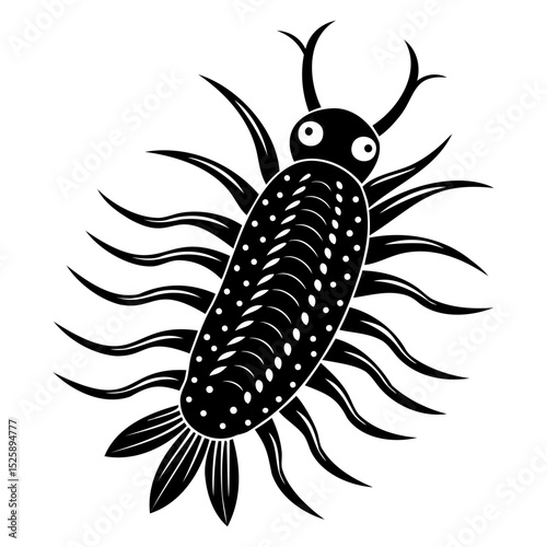 Stylized black and white drawing of a beetle with many legs and antennae design on transparent background