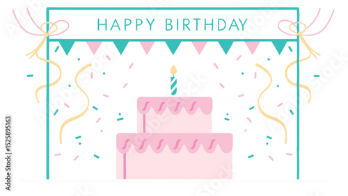 Illustration of a two tiered birthday cake with a candle and confetti under a happy birthday banner frame