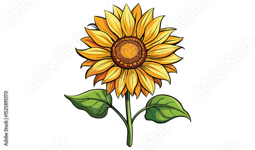 Vibrant single sunflower with green leaves illustration