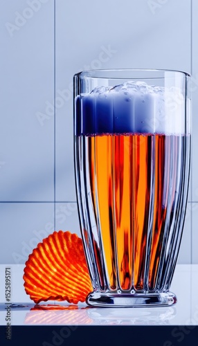 A glass of light amber beer with a crisp, foamy head, beside a golden-orange, ridged snack