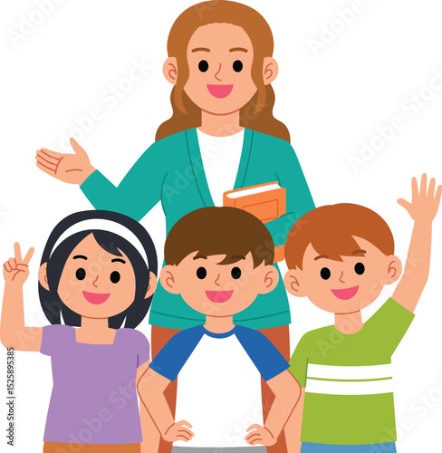 Female Teacher Holding Book with Students in Classroom, Young Children Standing in Front of Their Teacher illustration 