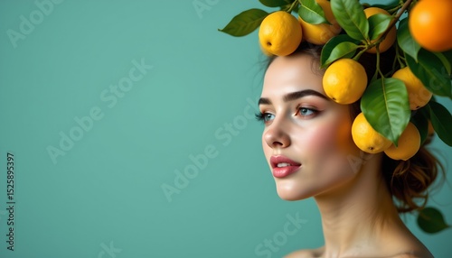 a woman with vibrant orange hair, adorned with a crown of citrus fruits. she is standing against a backdrop of solid blue, which contrasts with her attire and the fruit arrangement on her head