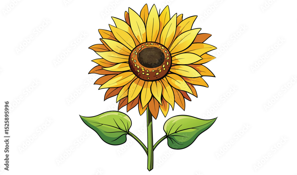 Naklejka premium Vibrant yellow sunflower with green leaves illustration