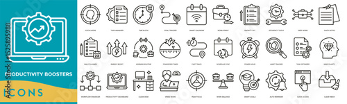 Productivity Boosters icon set. Focus Mode, Task Manager, Time Block, Goal Tracker, Smart Calendar, Work Sprint, Priority List and Efficiency Tools