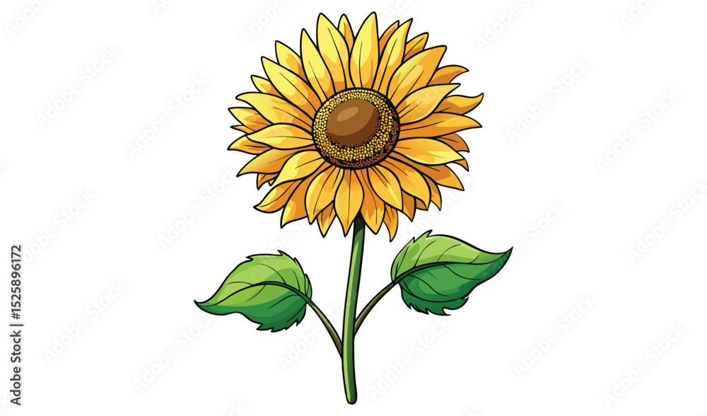 Naklejka premium Vibrant single sunflower with green leaves illustration