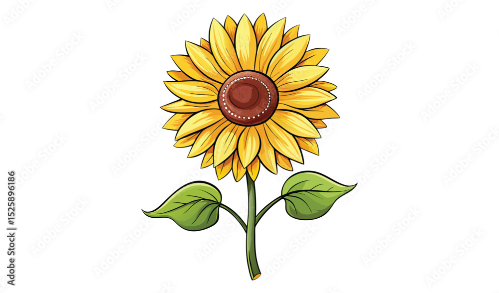 Obraz premium Single sunflower with two leaves illustration