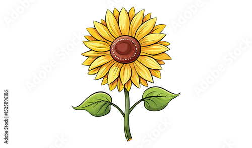 Single sunflower with two leaves illustration