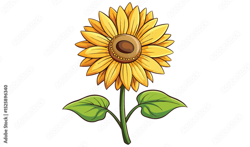 Fototapeta premium Vibrant yellow sunflower with green leaves illustration