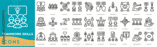 Teamwork Skills Icon set. Team Collaboration, Group Effort, Shared Goals, Open Communication, Trust Building, Conflict Resolution, Task Delegation, Team Synergy and Problem Solving