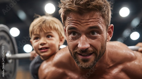 A father lifts a child aloft while working out in a gym.