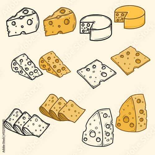 various shapes of cheese in hand drawn, clip art in flat style, food concept illustration